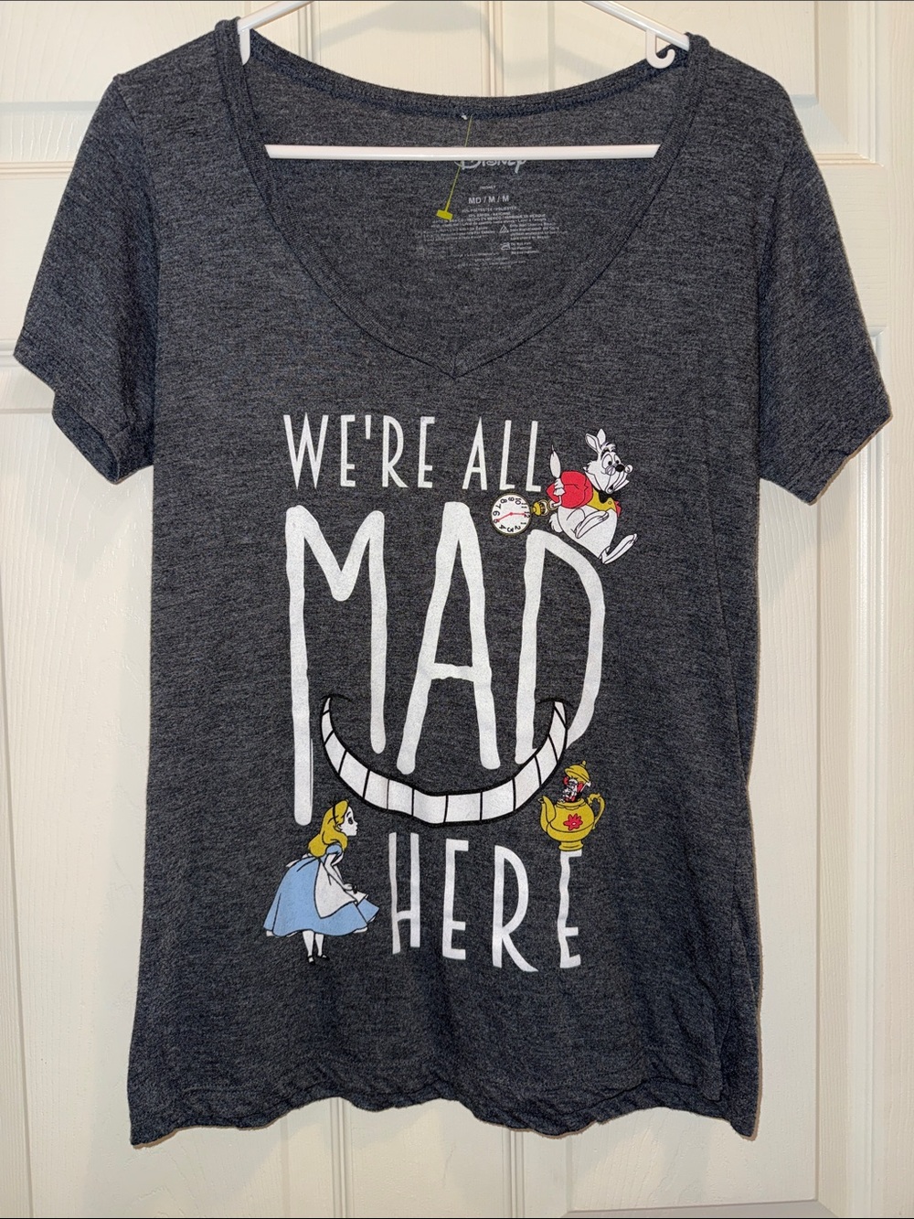 Disney Alice in Wonderland We’re All Mad Here Graphic T-Shirt Women Gray Tee